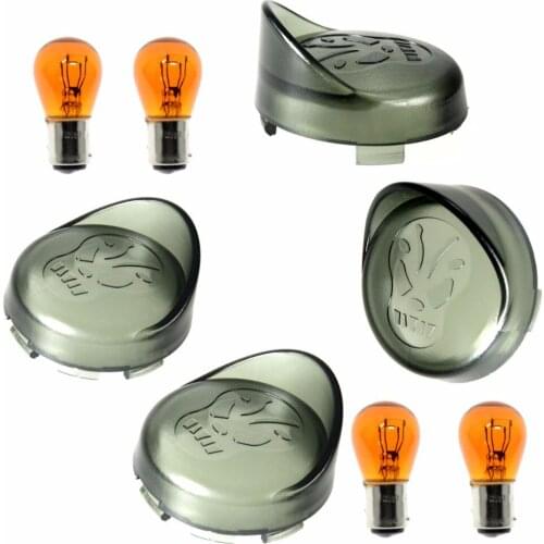 4X Rudyness Skull Trim Ring Visor Turn Signals Light Smoke Lens With Light Bulb For 1986-2018 Harley Dyna Softail Sportster 883