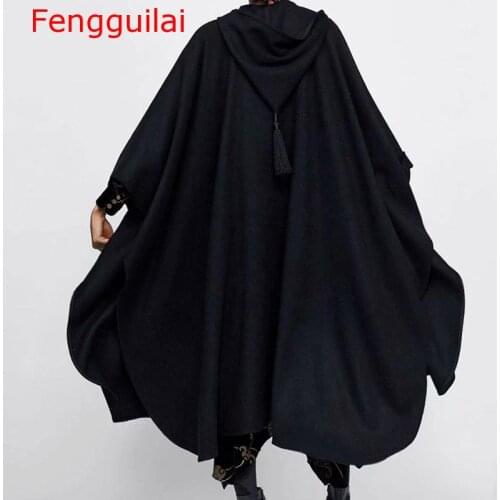 Cape Women Winter Capes Black Open Front Drawstring Hooded Gown Poncho Cape Chic Retro Gothic Woolen Warm Capes Coats