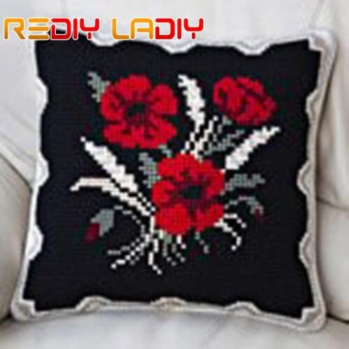 Cross Stitch Cushion Red Poppy Pillow Chunky Cross Stitch Kits Acrylic Yarn Pillow Case Cross-Stitch Needlepoint Arts & Crafts