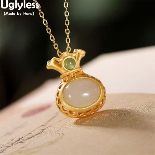 Uglyless Money Money Home Money Bag Pendants Necklaces NO Chains Natural Jade Jasper Necklaces 925 Silver Hollow Jewelry Ethnic