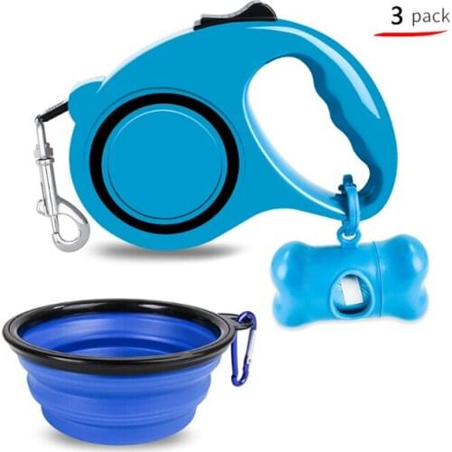 3 pcs/set 3 in1 Pet Dog Leash Chain Retractable Traction Rope Poop Dispenser Garbage Bags Feeder Folding Bowl Small Medium dogs