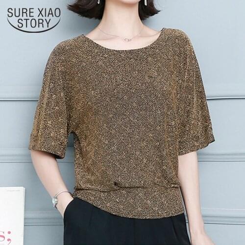 Plus Size New 2021 Summer Glitter Shirt Tops Fashion Elegant Shiny Sequin Blouse Tunic Women Blouses Red Golden Womens Blouses