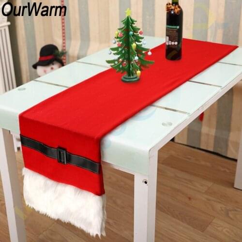 OurWarm Christmas Table Runner Christmas Decoration 14x72 inch Faux Fur Santa Belt with Buckle Table Cover New Year Goods