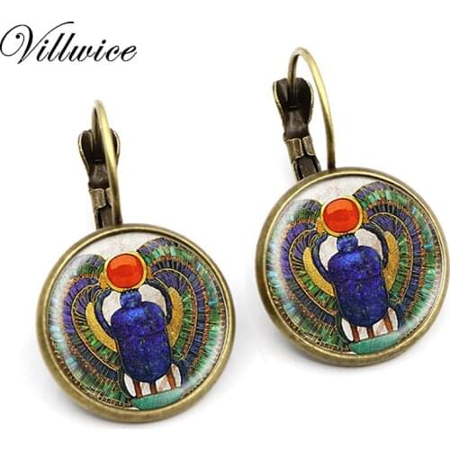Handmade Egyptian Scarab Earrings Round Glass Dome Art Print Fashion Ancient Egypt Jewelry 2020 New Arrival