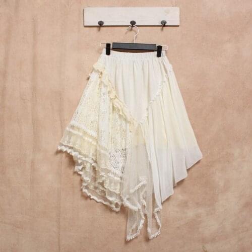 Cottagecore Harajuku Vintage Mori Girl Hippie Boho Lace Linen Mesh Cotton Embroidered Patchwork Jupe Fringe Elastick Women Skirt
