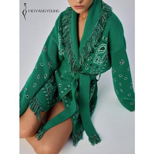 MEIYANGYOUNG Cashmere Knit Cardigan Sweaters Woman Oversized Jumper Top Full Sleeve Tassel Print With Sashes Loose Jacket Coat