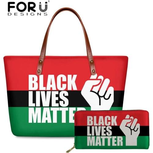 FORUDESIGNS Black Lives Matter Printing Big Capacity Tote Bag Women PU Leather Shoulder Bag Casual Crossbody Messenger Bags Set