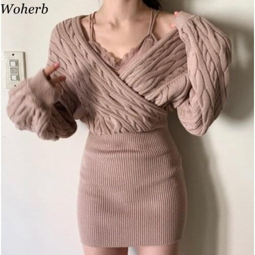 Woherb Vestidos De Mujer 2021 Chic Knitted Dresses for Women Sexy V-neck Long Sleeve Ribbed Robe Korean Bodycon Mini Dress 7c763