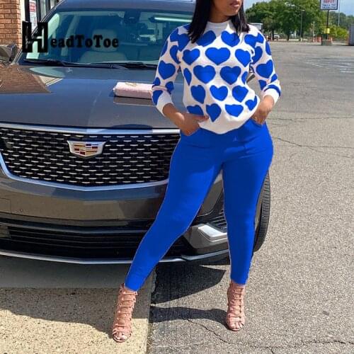 Heart Print Mock Neck Long Sleeve Tops & Pocket Design Solid Skinny Pants Set Pop Young Style Sweet Women Two Piece Set Outfits