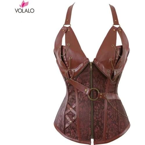 2019 Women Steampunk Corset Faux Leather Burlesque Clubwear Lace Up Boned With Chains Gothic Carnival Clothing Plus Size S-6XL