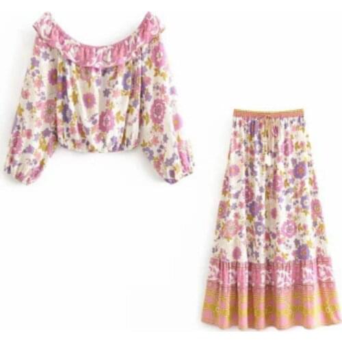 Womens suit new style fashion printed ruffled pullover shirt high waist tie drawstring skirt suit 2 piece outfits for women