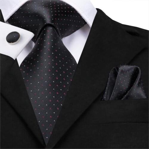 C-3128 Hi-Tie Silk Men Tie Set Fashion Black Dot Necktie Handkerchief Cufflinks Set Mens Classic Party Wedding Tie Set 8.5cm