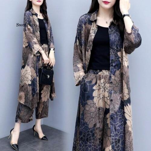 Autumn Printed Two Piece Sets Outfits Women Plus Size Long Cardigan Tops And Wide Leg Pants Suits Vintage Elegant Office Sets