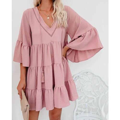 WYWMY Woman Dress Lace Up Ruffles Mini Dress Bohemian Style Casual V-neck Loose Shirt Dress Office Lady Solid Sexy Holiday Dress
