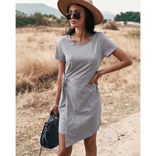 Womens Crewneck Belted Dress Short Sleeve Slim Dress Waist Drawstring Design Solid Color H9