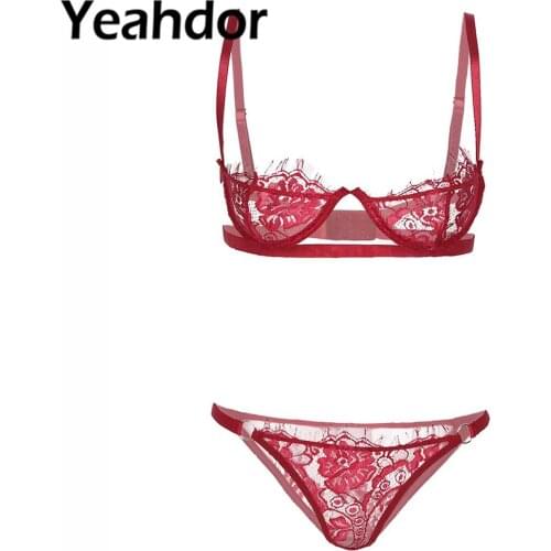 Women Sexy See-Through Lace Lingerie Set Underwear Adjustable Spaghetti Strap Underwired Bra with G-string Briefs Underpants