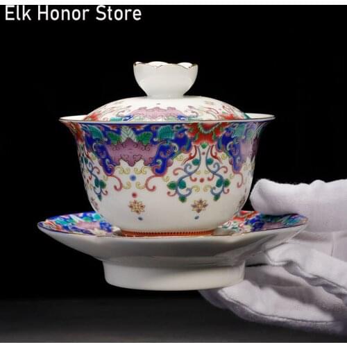 150ml Colored Enamel White Porcelain Sancai Tureen Handmade Blue And White Wufu Linmen Tea Bowl KungFu Tea Set Office Decoration