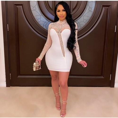 2021 New Style Women’s Casual Long Sleeve Sexy Dress Fashion Hot Drilling Mesh See Through Skinny Short Dress Plus Size S-XXL