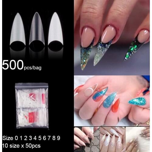 500Pcs Short Stiletto Shape Half Cover False Nails 10 Sizes Acrylic Fake Nail Tips White Clear Natural Pointed Nail Art Tips