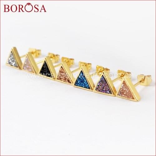 BOROSA 5/10Pairs New Triangle Gold Color Bezel Rainbow Titanium Druzy Stud Earrings Agates Drusy Earring Women Jewelry ZG0279