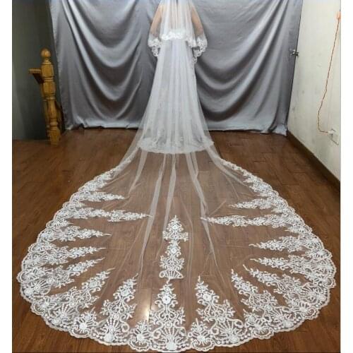 Two Layers 400cm Long Wedding Veil with Lace Appliques Vestido De Noiva Longo Custom Made Elegant Bridal Veil with Comb