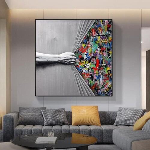 Graffiti Street Art Pull The Curtain Canvas Painting Posters and Prints Wall Art Cuadros Home Decoration for Living Room Decor