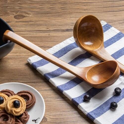 Long handle round spoon natural wooden spoon with hook wooden spoon kitchen utensils seasoning spoon family restaurant tableware