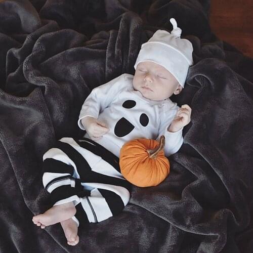 Fashion Newborn Infant Baby Girls Boys Long Sleeve Halloween Ghost Printed Romper Tops Striped Pants Three Piece Outfits Set#p4