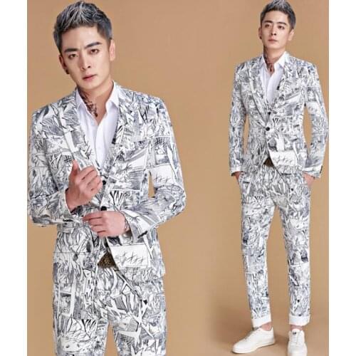 Chorus groom printing suits for men blazer boys prom mariage suits fashion slim masculino latest coat pant designs england