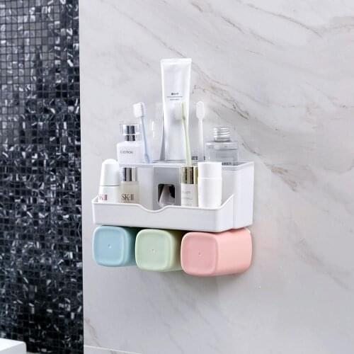Wall Mounted 1 Set Automatic Toothpaste Dispenser Bathroom storage Rack Shelf Toothbrush Holder with Cups Bathroom Organizer