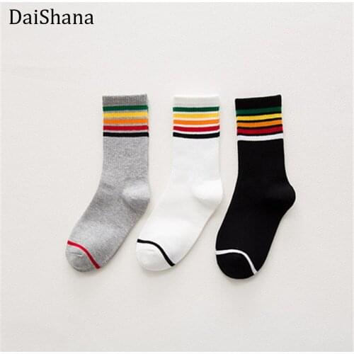 Harajuku Striped Fashion Korean Streetwear Rainbow Women Socks Warm Funny Candy White Black Short Winter Cotton Neon Happy Socks