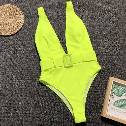 New 2021 Deep V Neon Women High cut Swimwear One Piece Swimsuit Female waistband Monokini High Waist Bathing Suit Swim Bodysuit