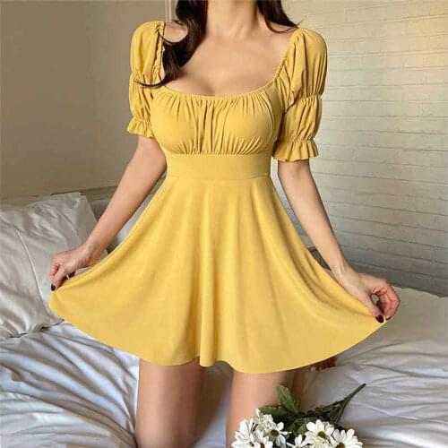 New Hot Short Sleeve One Piece Swimsuit Women Solid Color Swimwear With Skirt Push Up Pleated Swim Ruffle Korea Pad Bathing Suit