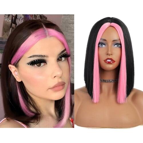 ELEGANT MUSES Short Bob Wig for Women Synthetic Bob Wigs Ombre Black Pink Wig for Party Daily Use Shoulder Length