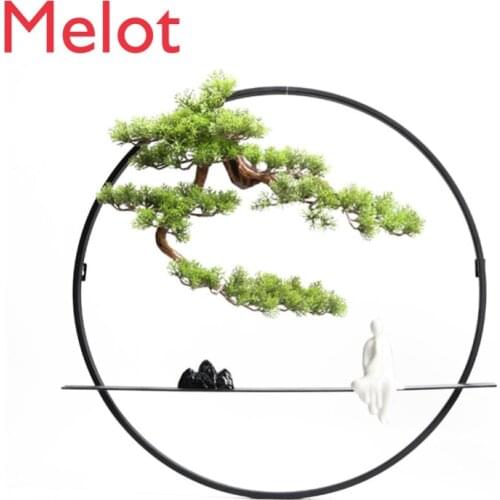 New Chinese Style Artificial Greeting Pine Pendant Living Room and Tea Room Background Wall Decoration Iron round Wall Hanging