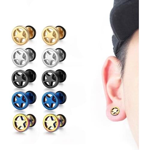 1Pcs Men Women Stud Earrings Punk Style Medical Titanium Round Five-pointed star Barbell Earrings Street pop Gothic Rock Earring