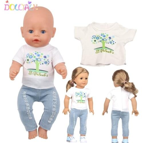 Tree Of Life Pattern T-shirt+Jeans Suit For 18 Inch American Doll Cute Jeans With Holes Clothes Set For 43cm New Born Girl Doll