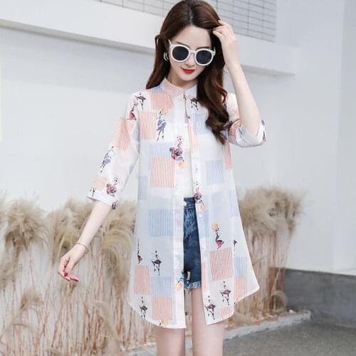 2021 Women Vintage Printed Chiffon Shirt Female Three Quarter Sleeve Sunscreen Blouse Loose Shawl Kimono Cardigan Boho Tops L467