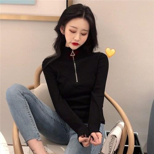 Woman TShirts Triangle Zipper Autumn and Winter Pullover Knitted Long-Sleeved T-shirt Womens Top Crop Top Mujer Camisetas