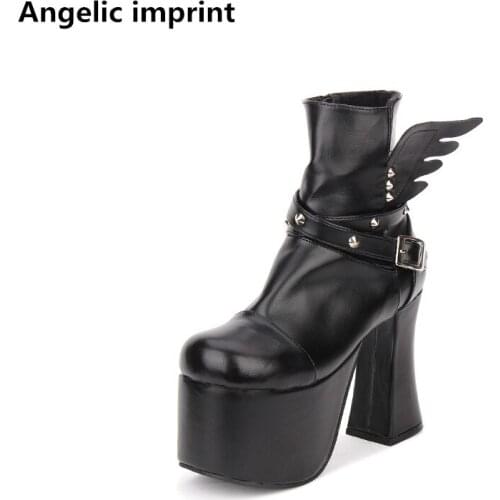 Angelic imprint mori girl Women motorcycle punk shoes lady super high heels lolita boots woman princess pumps wings 33-47 12.5cm