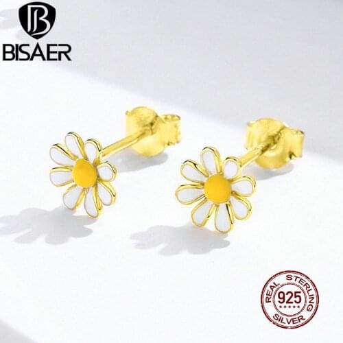 BISAER Small 925 Sterling Silver White Yellow Enamel Daisy Flower Stud Earrings Stud for Women Fashion Silver Jewelry EFE203