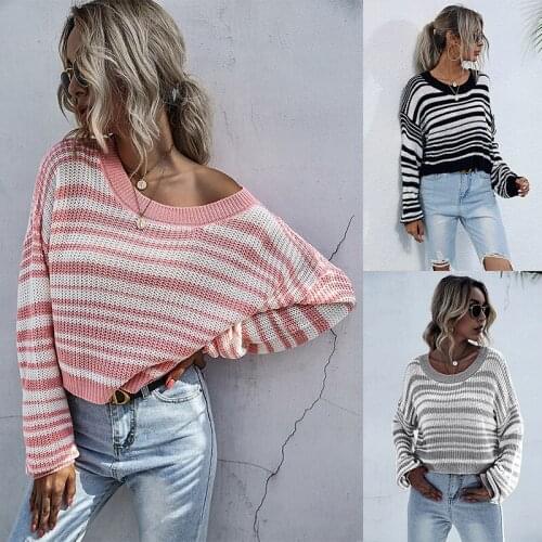 Pink Striped Round Neck Loose Casual Youth Style Women Sweater Short Base Long Sleeved Black Grey Tops Female Stitching Clothing