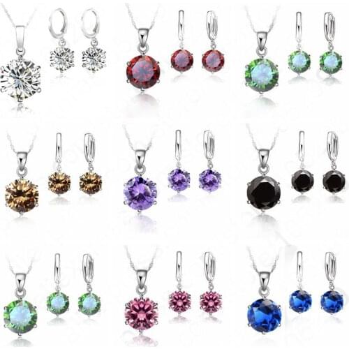 Woman 925 Sterling Silver 8MM Jewelry Sets Cubic Zircon Crystal Lever Back Earrings Pendant Necklace Nice Gifts 8MM Stone