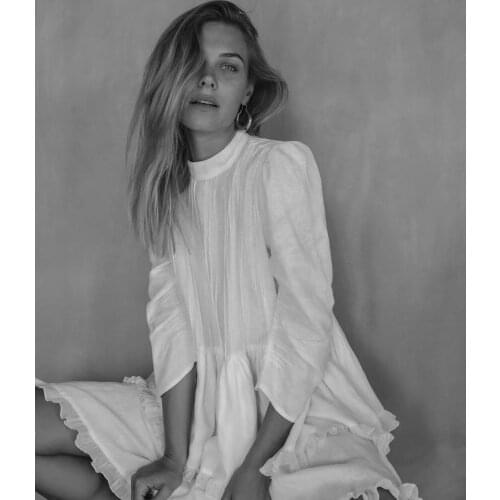 Stand Collar Lantern Sleeve Multi Layer Ruffle Women Loose Cake DRESS Linen Dress