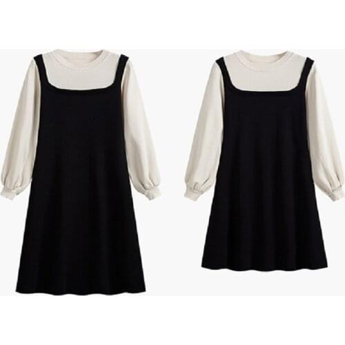 Knitted Fake Two Piece Dress Womens 2020 New Medium Length Small French Retro Long Sleeve Long Skirt