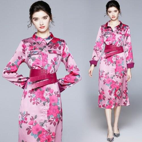 Womens Spring and Autumn New Long Sleeve Slim-Fit Floral Print Lapel Single-Breasted Mid-Length Dress with Belt