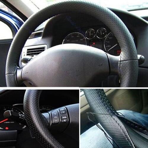 1pc black Car Truck Leather Steering Wheel Cover With Needles and Thread Black DIY PU Leather Automotive Interior universal