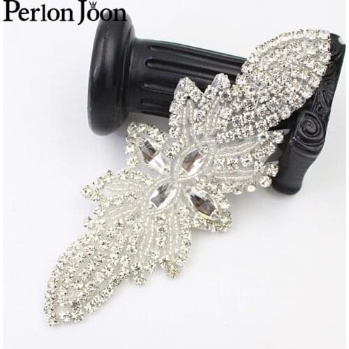 1PC Glitter Handmade glass silver leaf Rhinestone Applique Sewn on Wedding Dress Crystal Patch Decoration Accessories WH017