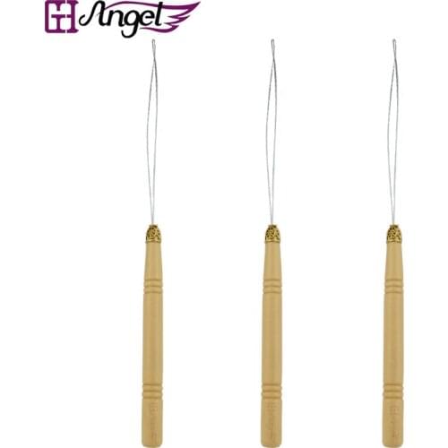 Wholesale 12 pcs Wooden Handle Iron Wire Loop Pulling Needles for Micro Rings/Links Hair Extension Threader Tools