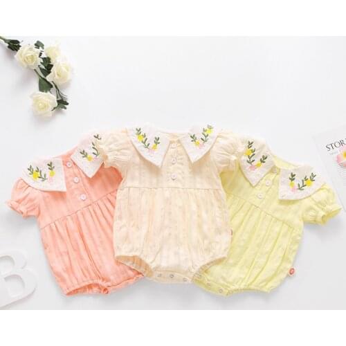 2021 New Baby Girl Clothes Baby Girl Rompers Flower Embroidery Doll Collar Short Sleeve Baby Rompers Cute Princess Clothes 0-18M